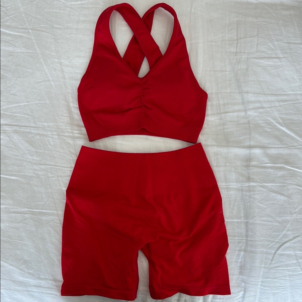 Alphalete Red Cross-Back Sports Bra and Shorts